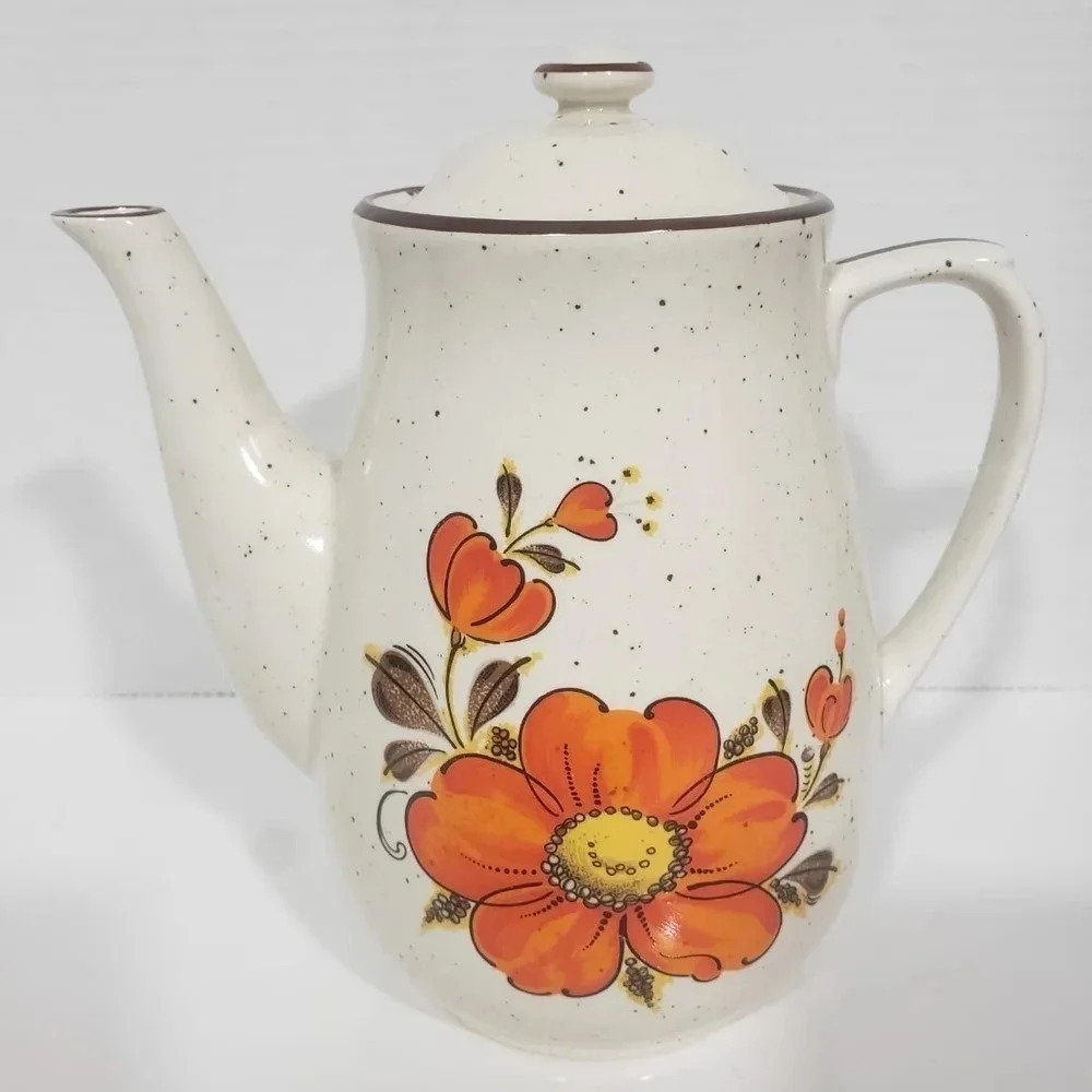 VTG Momoyama Valencia Speckled Teapot with Orange Flowers 1970s.